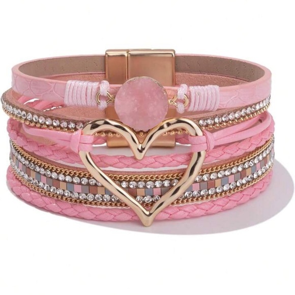 pinksweetmandy Jewelry - Heart Leather Wrap Bracelets Stackable Boho Cuff Bangles